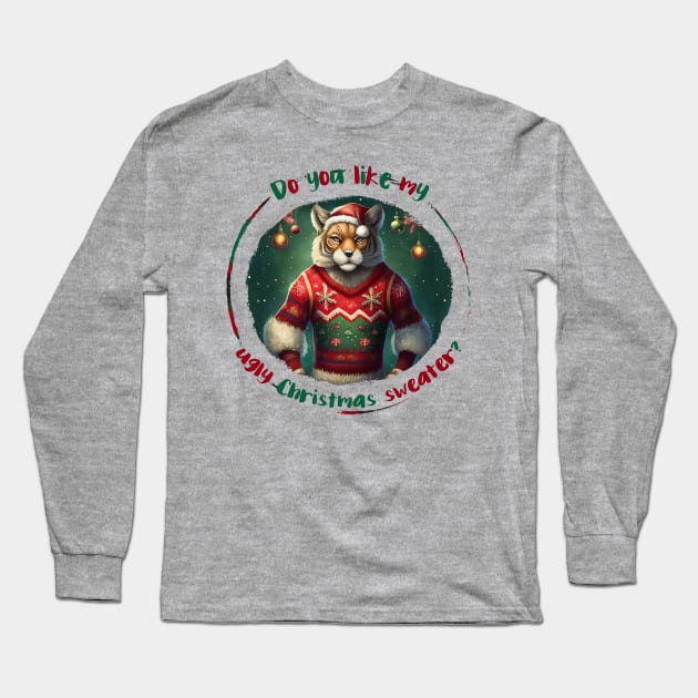 Ugly Christmas sweater: Festive tiger-man in winter wonderland wearing a sweater with a Christmas tree and ornaments Long Sleeve T-Shirt by WitchDesign